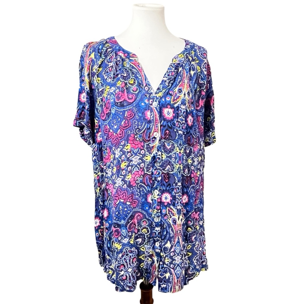 Roamans 16W Plus Size Blue Pink Paisley Floral Blouse Womens Boho Tunic Top